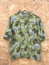 Vintage 90s Olive green grungy map print crazy pattern hawaiian style beach party festival shirt size large